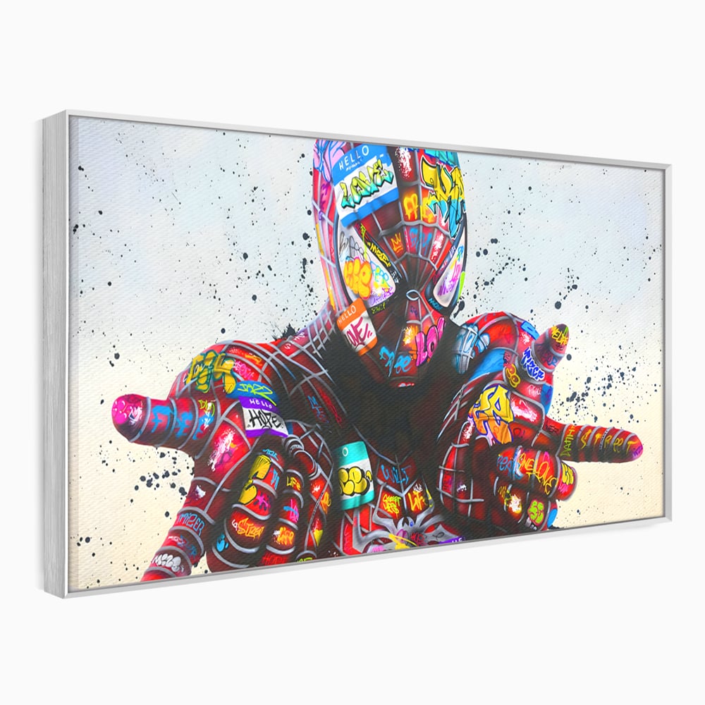 Tablou canvas cu tablou canvas cu omul paianjen in stil grafitti, in rama de aluminiu argintiu